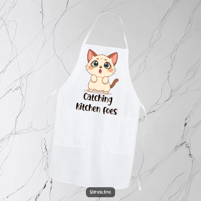 Funny apron showcasing a surprised Siamese cat with wide eyes, caught in a comical mid-air pounce.