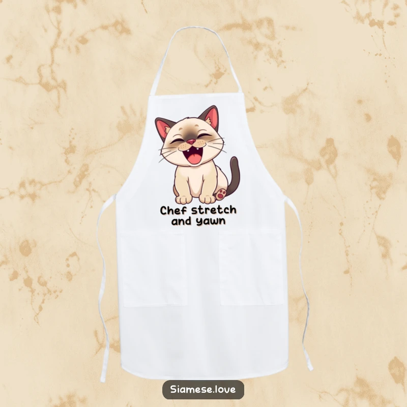 Funny Siamese cat character stretching with a big, satisfied yawn on a kitchen apron.