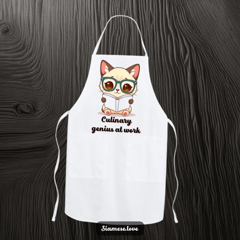 Funny Siamese cat apron, a feline in oversized glasses reads an upside-down book, suitable for a kitchen setting.