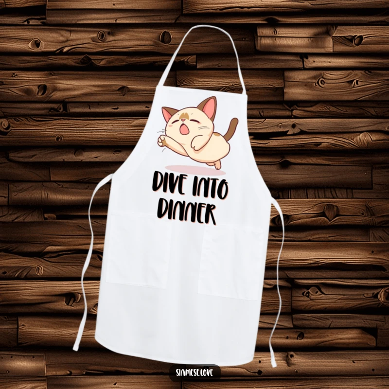 Funny Kawaii Siamese Cat Apron: A cute Siamese cat character attempting a funny, exaggerated clumsy dive while in the kitchen.