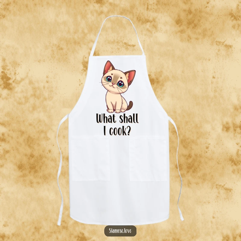 Funny kawaii Siamese cat tilting its head with intrigue on a kitchen apron, adding thoughtful charm.