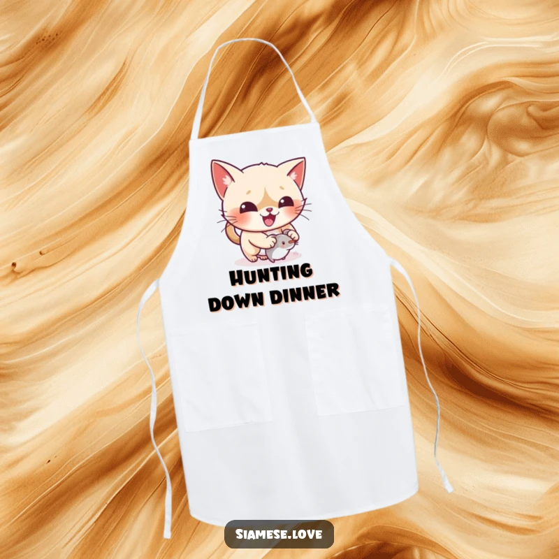 Funny kawaii Siamese cat gleefully pouncing on a toy on a kitchen apron, adding playful charm.