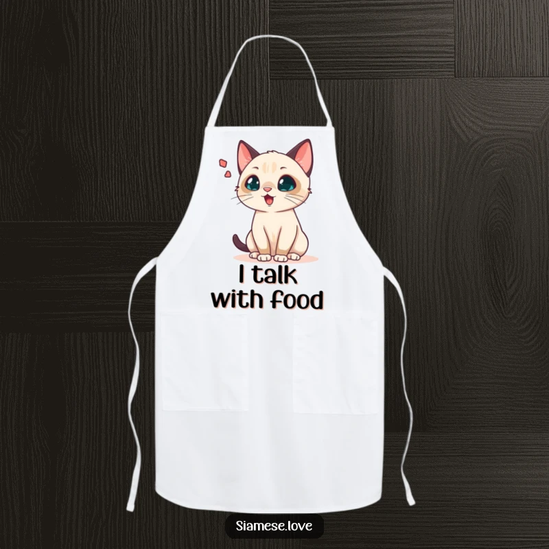 Funny Siamese cat apron showing a chattering cat with a large sound wave bubble, ideal for kitchen protection with a humorous twist.