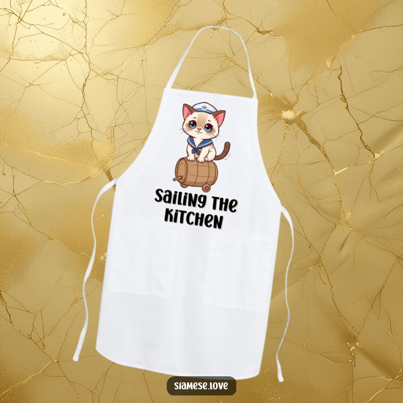 Funny Apron featuring a kawaii Siamese cat in a sailor hat, balancing on a barrel, making kitchen tasks a delightful and humorous affair.