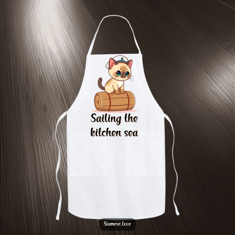 Funny kawaii Siamese cat apron, dressed as a sailor, skillfully balancing on a rolling barrel.