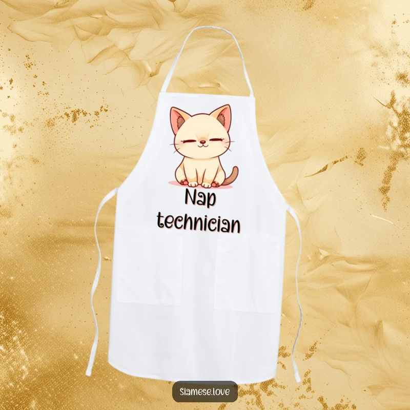 Funny Kawaii Siamese cat napping in a sunbeam on a kitchen apron, bringing sleepy humor to cooking.
