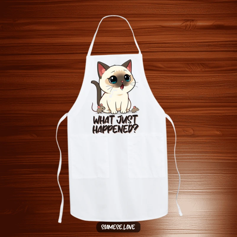 Funny Kawaii Siamese cat apron showing a shocked cat reacting to a mouse, a great funny gift for cooks.