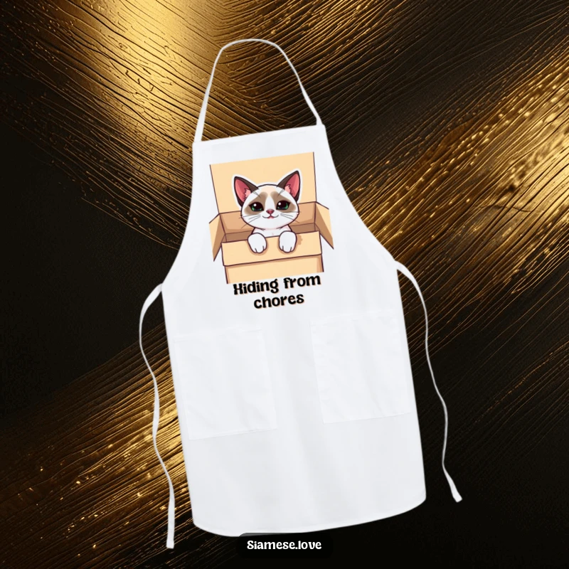 Funny kawaii Siamese cat apron, peeking from a box with a mischievous grin, ideal for adding playful charm to cooking.