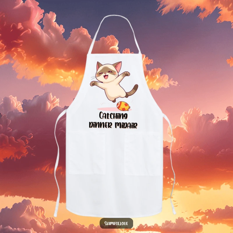 Funny kawaii Siamese cat apron, depicted leaping playfully towards a toy, perfect for adding humor to kitchen activities.