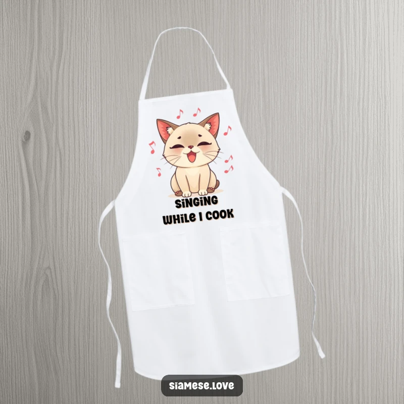 Funny cooking apron, a content Siamese cat character purring loudly, surrounded by floating musical notes, perfect for a harmonious kitchen.