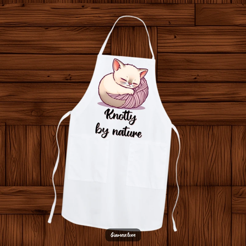 Funny Siamese cat apron, a content cat is curled up inside a ball of yarn, ideal for kitchen use.