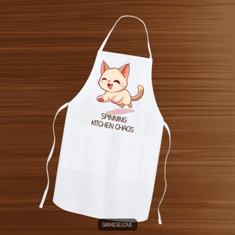 Funny apron showing a Siamese cat in a motion blur chasing its tail, designed to add a sense of energetic fun to kitchen activities.