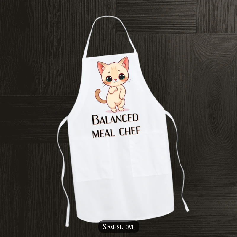 Funny Siamese Cat Apron: A Siamese cat character balances on its hind legs with its tail high, perfect for kitchen humor.