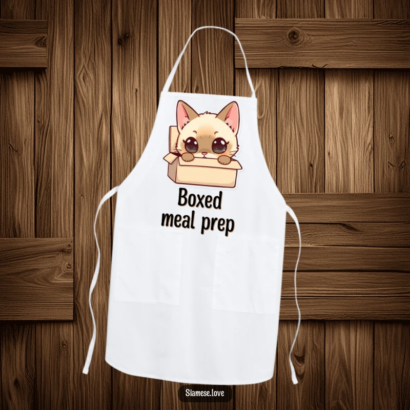 Funny Siamese Cat Apron: A curious Siamese cat character with wide eyes peers into a small box, perfect for kitchen humor.