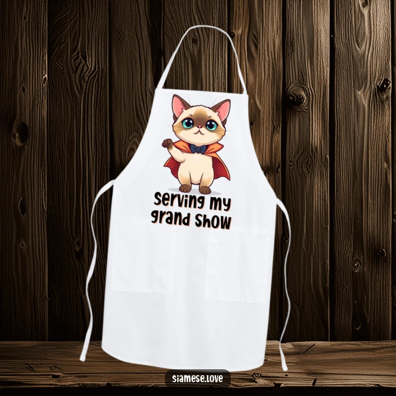 Funny Apron: A theatrical Siamese cat wearing a cape, ready to cook up a storm with dramatic flair.