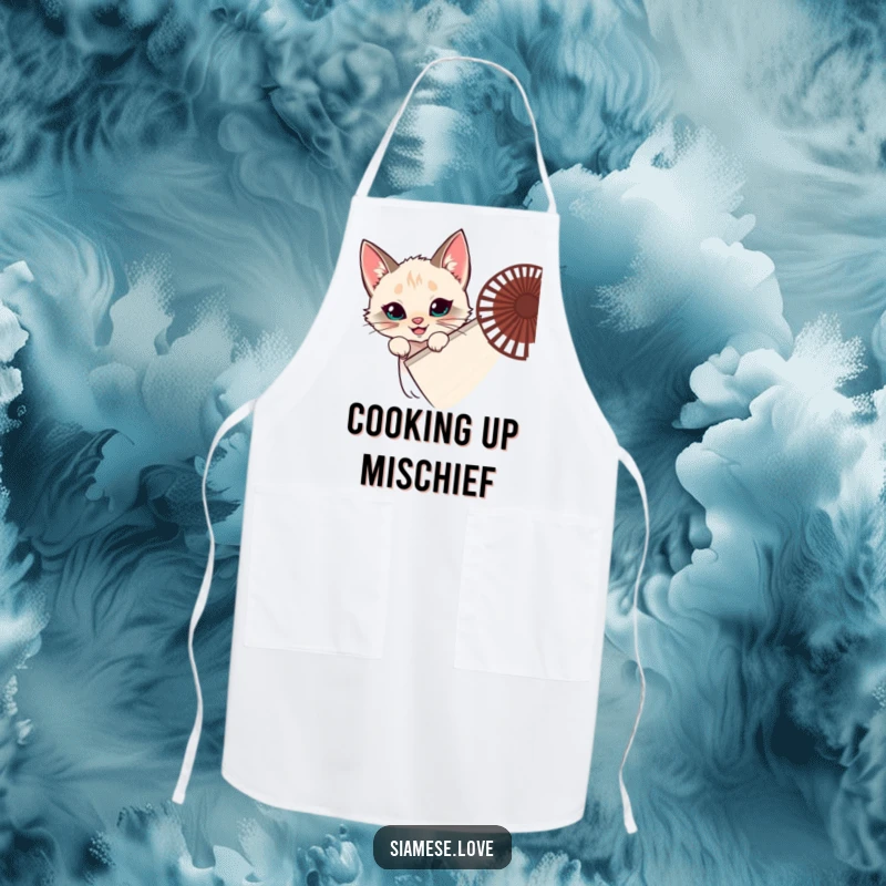 Funny Siamese cat apron, feline hiding behind a fan, peeking with a grin, kitchen mischief, great funny gift.
