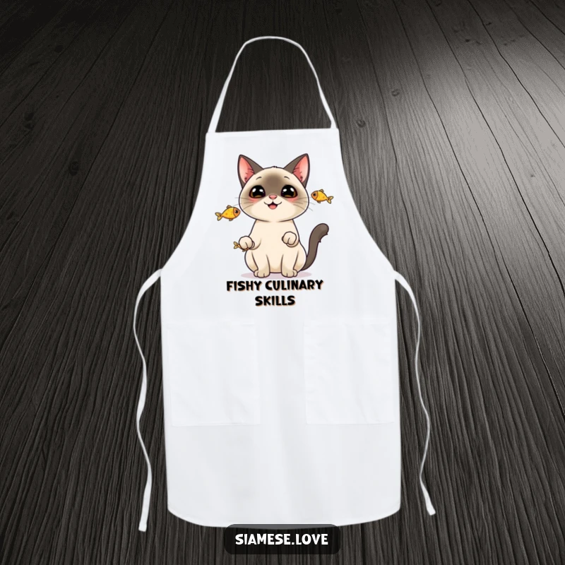 Funny Apron: A cheerful Siamese cat juggling three fish, ready to add some fun to meal preparation.