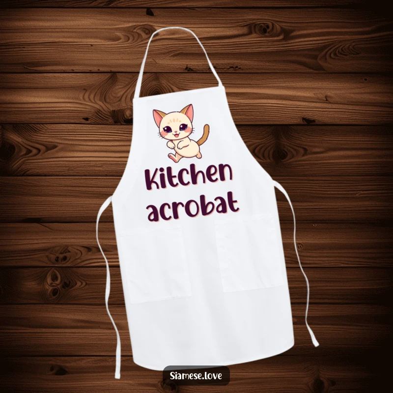 Funny Siamese Cat Apron: A graceful Siamese cat character captured mid-leap with a look of delight while cooking.