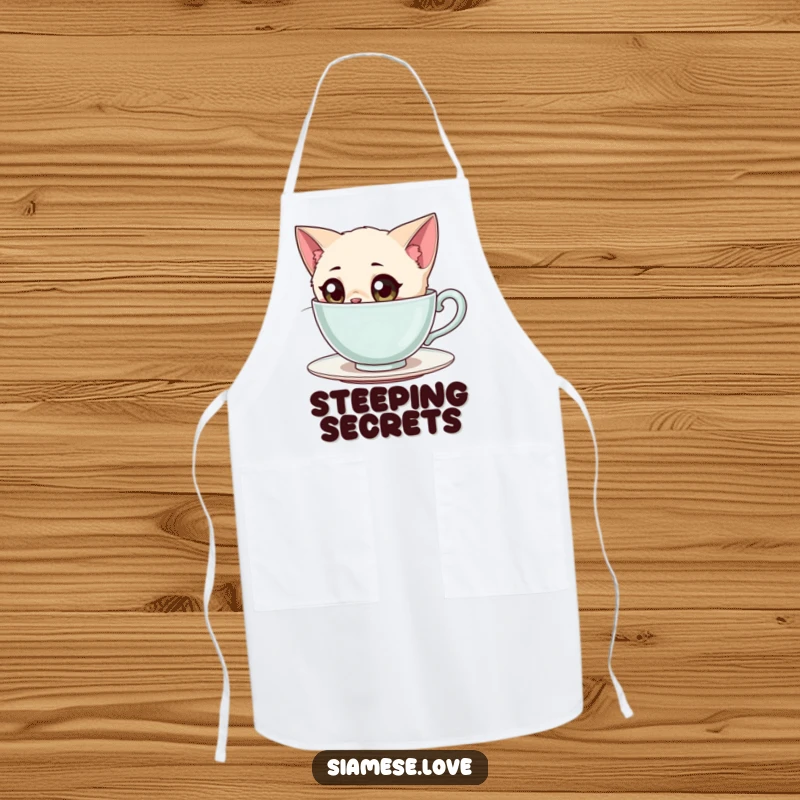 Funny Siamese Cat Apron: A curious Siamese cat with wide eyes peering into a giant teacup while cooking.