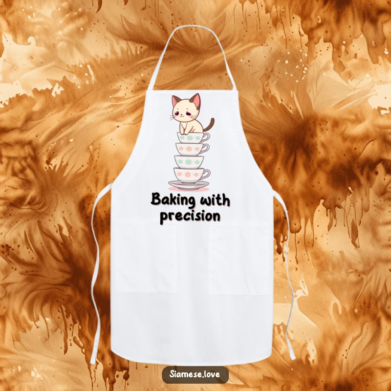 Funny Siamese cat apron, feline balancing on teacups while cooking, kitchen humor, ideal funny gift for chefs.