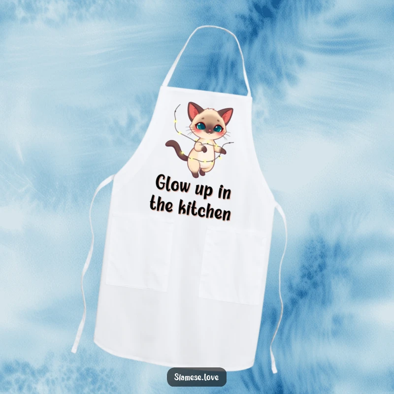 Funny Siamese cat apron, feline twirling with sparkling holiday lights, festive kitchen wear, great funny gift.