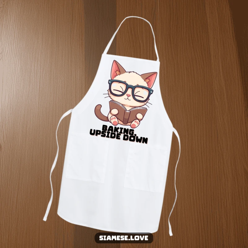 Funny Siamese cat apron featuring a studious feline in oversized glasses reading a book upside down, a humorous kitchen accessory.