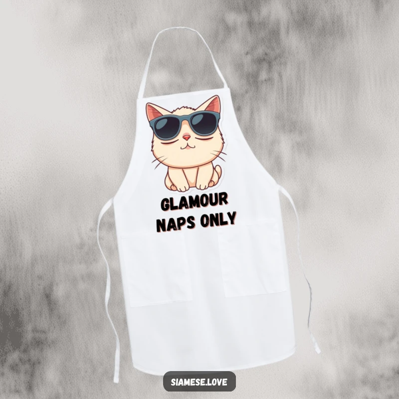 Funny Siamese cat character comically wearing oversized sunglasses on a kitchen apron.