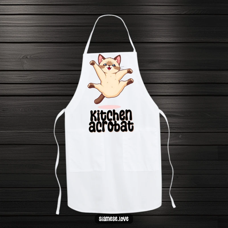 Funny Kawaii Siamese cat doing a playful somersault mid-air on a kitchen apron, bringing dynamic fun to cooking.