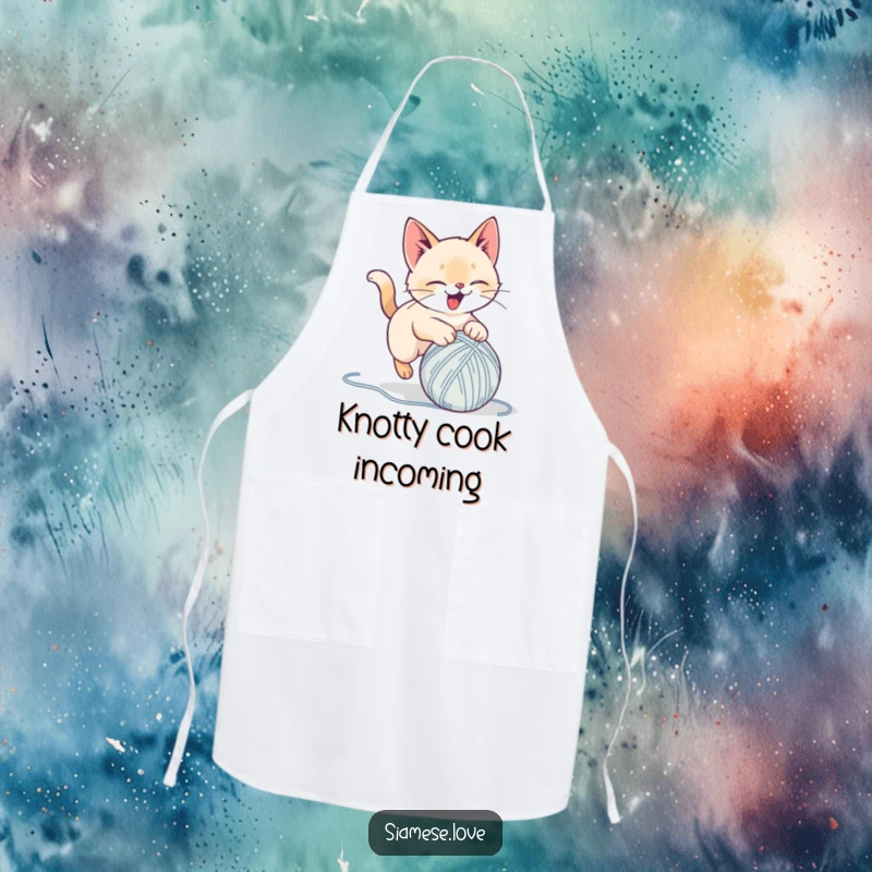 Funny apron with a stylized Siamese cat delightedly pouncing on a yarn ball, perfect for kitchen fun and as a humorous gift.
