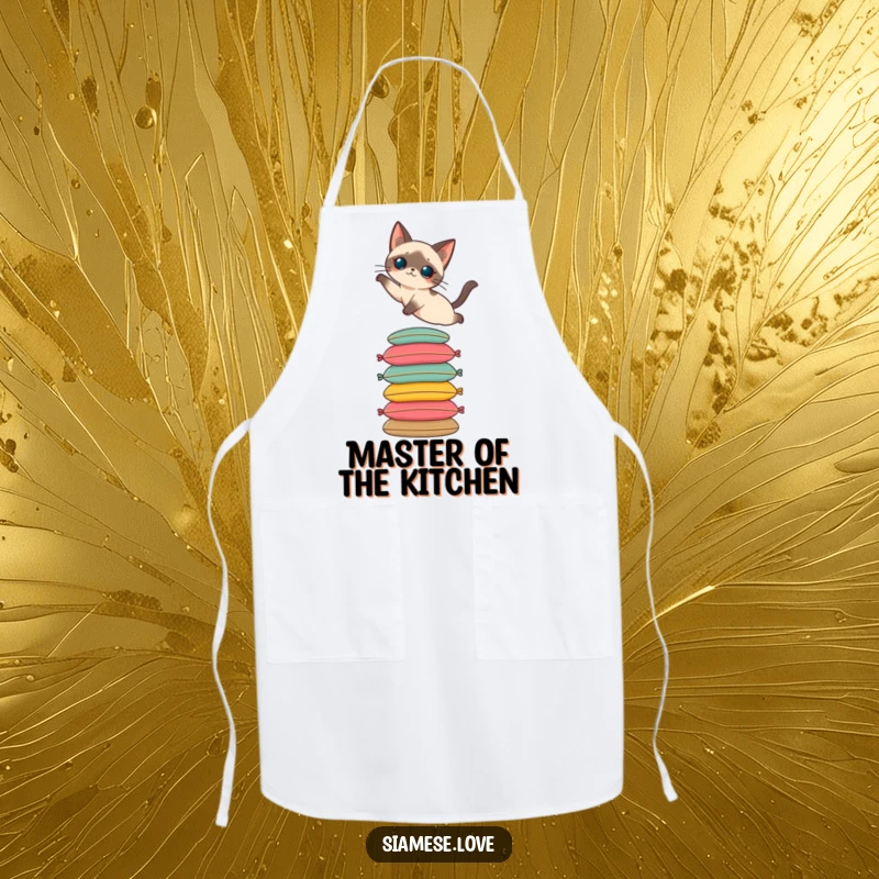 Funny cooking apron showcasing a Siamese cat elegantly leaping onto a stack of colorful cushions. Practical and stylish.