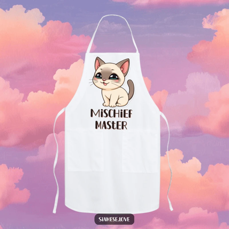 Funny Siamese Cat Apron: A Siamese cat character with a sly grin, hiding behind its own tail while cooking.