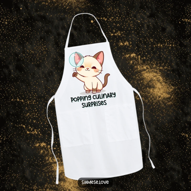 Funny kawaii Siamese cat apron, playfully swatting at a floating bubble, adding whimsical charm to kitchen activities.