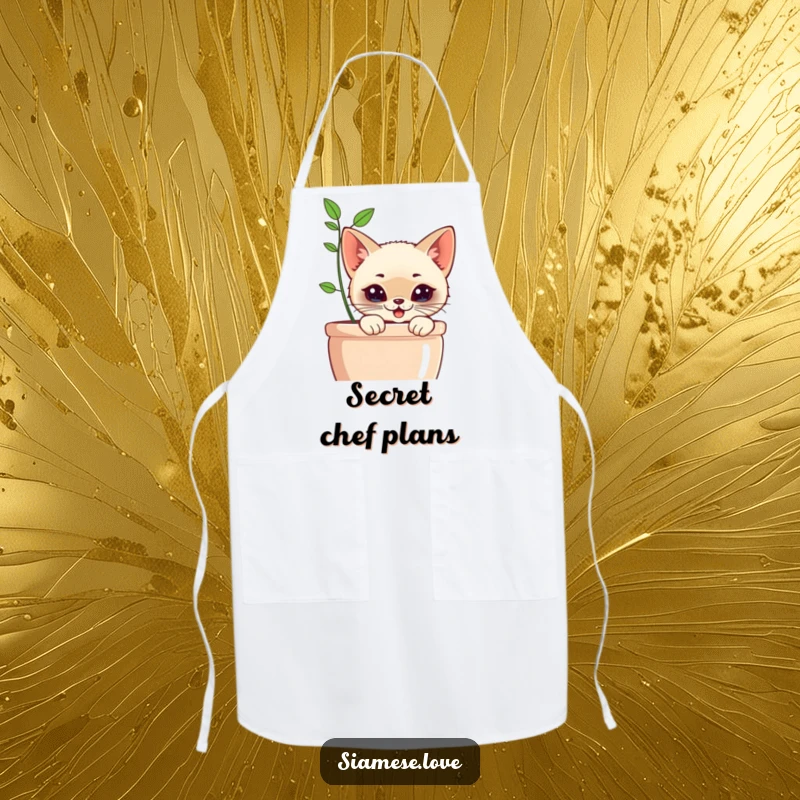 Funny Kawaii Siamese Cat Apron: Whimsical cat with a mischievous grin peeking from behind a planter, perfect for a fun kitchen.