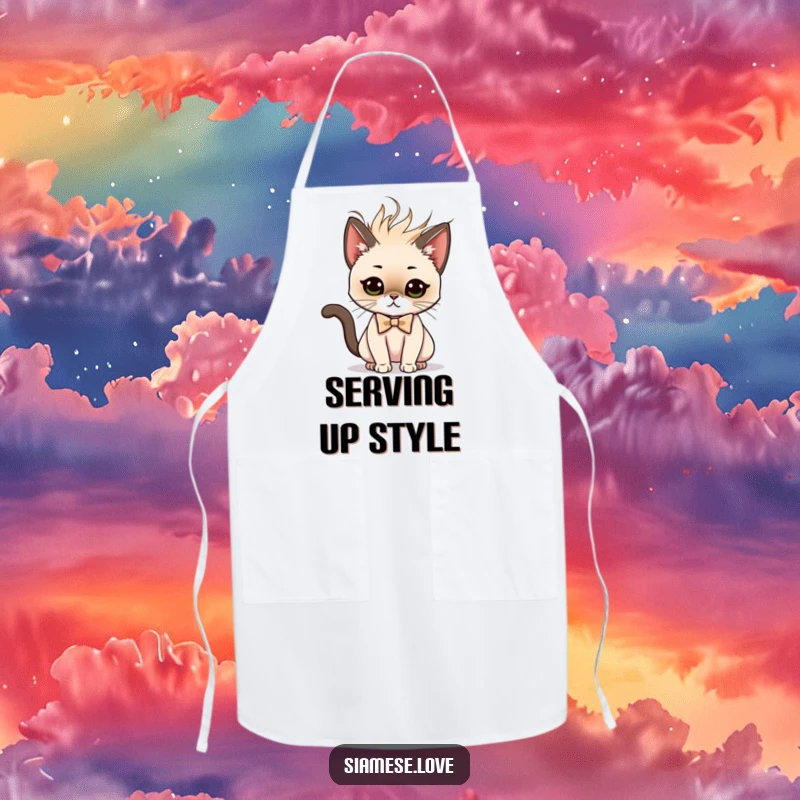 Funny apron featuring a Siamese cat character in a bow tie performing a dramatic and sassy hair flip while cooking.