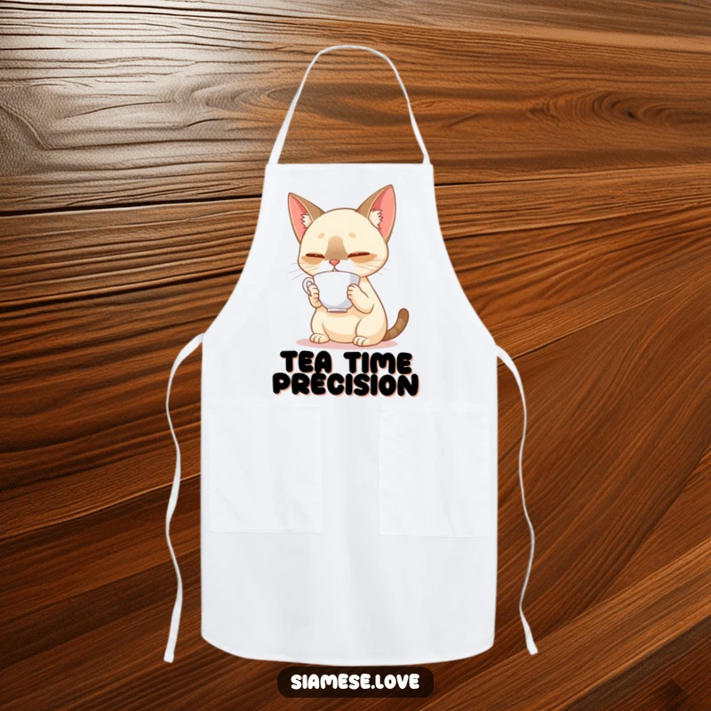 Funny Siamese cat balancing a teacup on its nose on a kitchen apron, adding a touch of playful elegance to cooking.