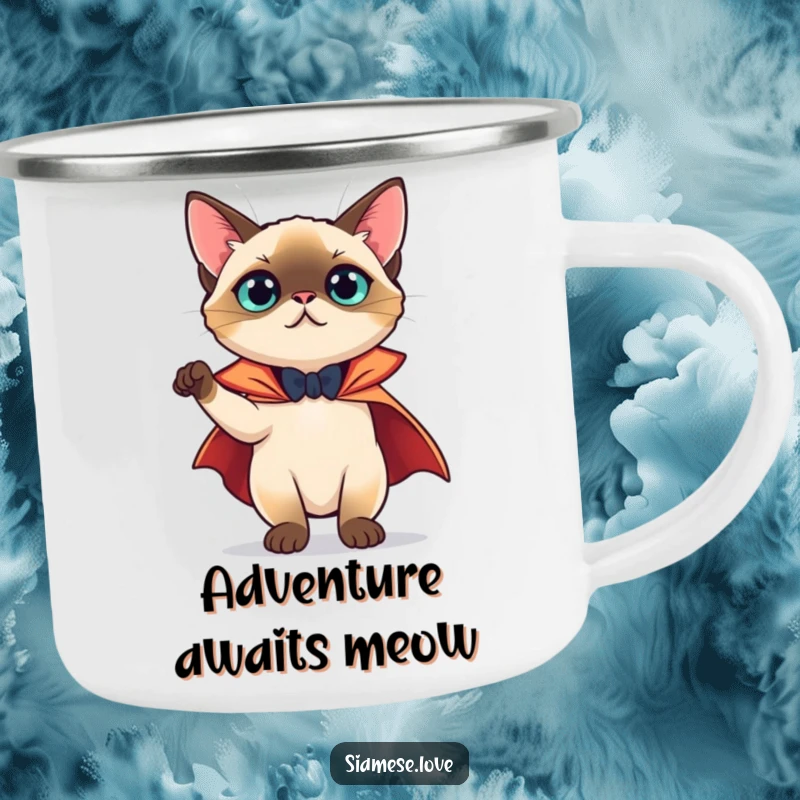 Funny Camping Mug: A theatrical Siamese cat in a cape, ready for adventures, bringing humor to the great outdoors.