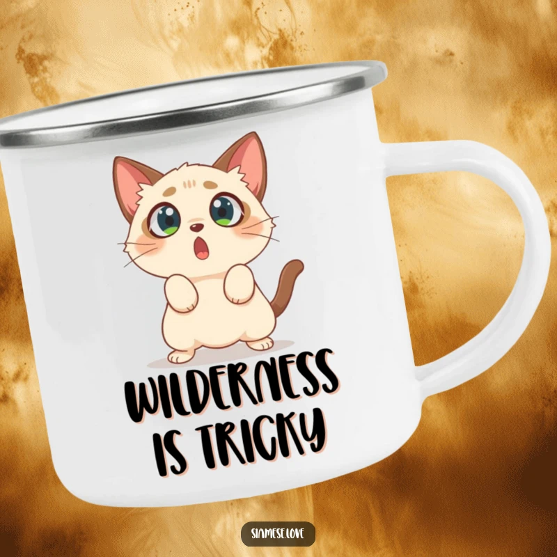 Funny camping mug with a surprised Siamese cat, wide eyes fixated, comically pouncing at nothing.