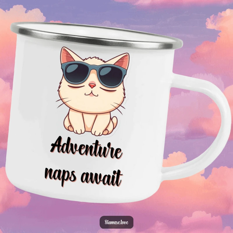 Funny Siamese cat comically wearing oversized sunglasses on an enamel camping mug, ready for adventure.