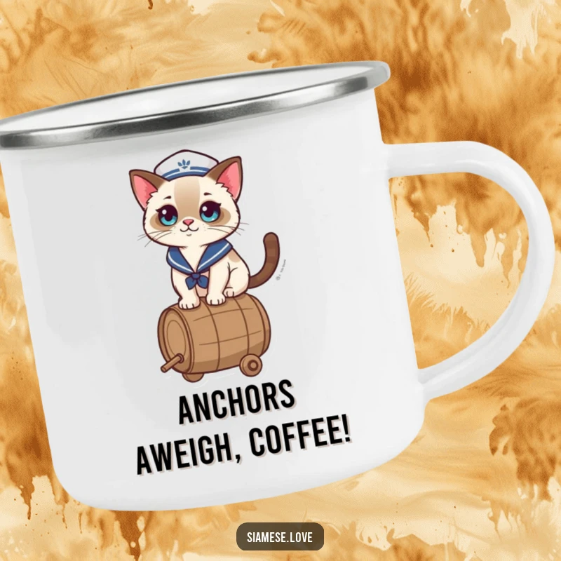 Funny Camping Mug featuring a kawaii Siamese cat in a sailor hat, balancing on a barrel, perfect for enjoying drinks during outdoor fun.