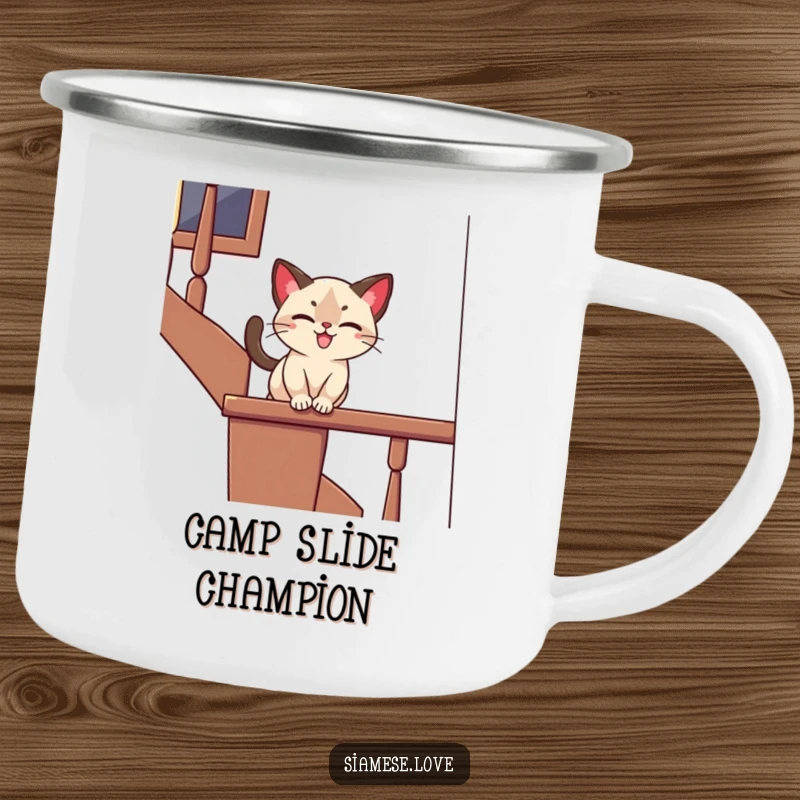 Funny camping mug with a stylized Siamese cat playfully sliding down a banister with a joyful expression, perfect for outdoor humor.