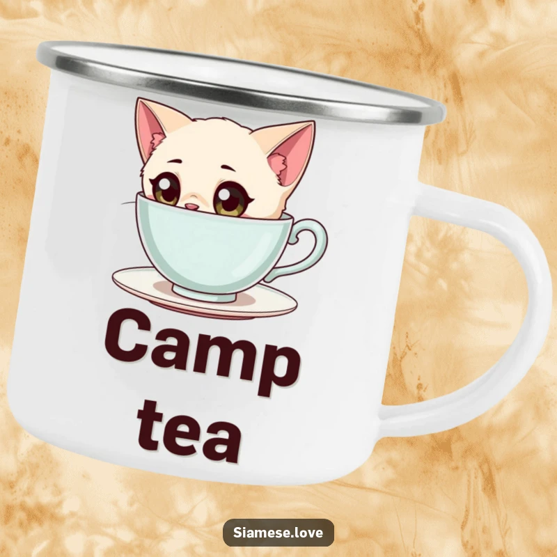 Funny Siamese Cat Camping Mug: A curious Siamese cat with wide eyes peering into a giant teacup, ready for adventure.