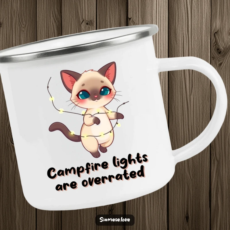 Funny Siamese cat camping mug, feline twirling with sparkling holiday lights, festive outdoor fun, great funny gift.