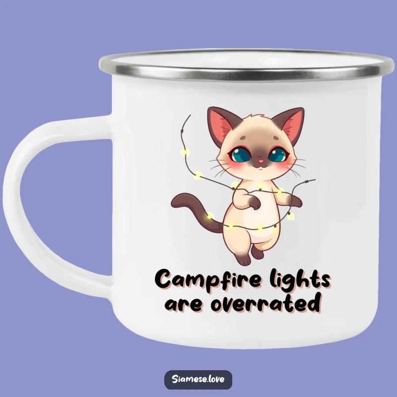 Funny Siamese Cat Twirling Lights Camping Mug - Festive Outdoor Feline Gift!
