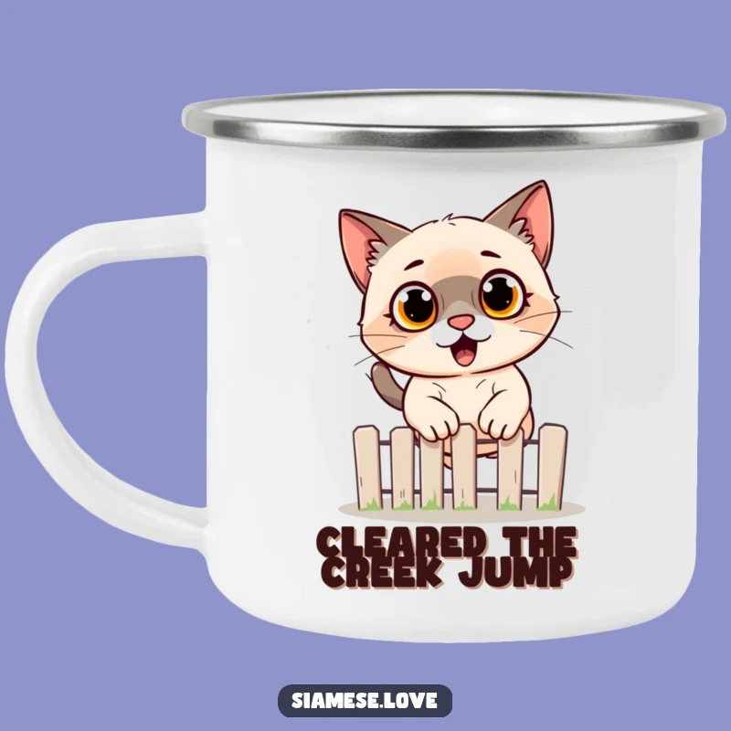 Funny Siamese Cat Jumping Fence Camping Mug - Adventure-Ready Humor Gift!