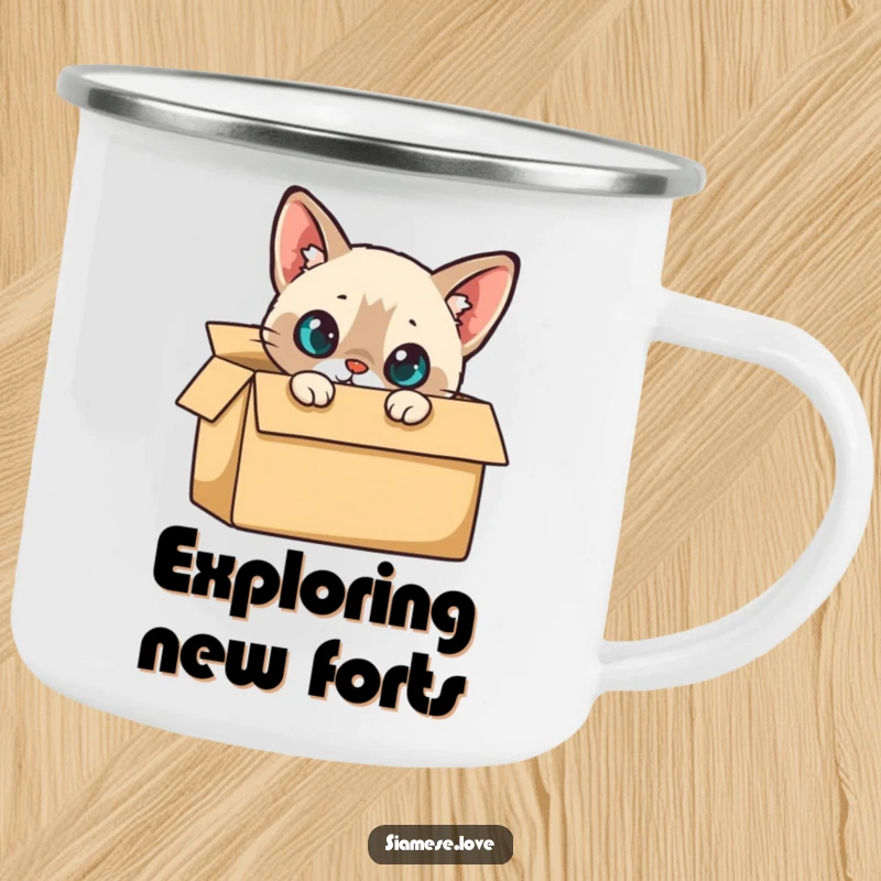 Funny Camping Mug: A curious Siamese cat peeking from a cardboard box, ready for outdoor adventures and warmth.