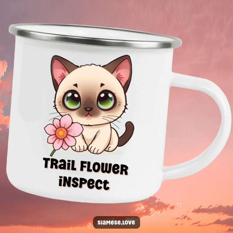 Funny kawaii Siamese cat with curious eyes sniffing a flower on a camping mug, ready for adventures.