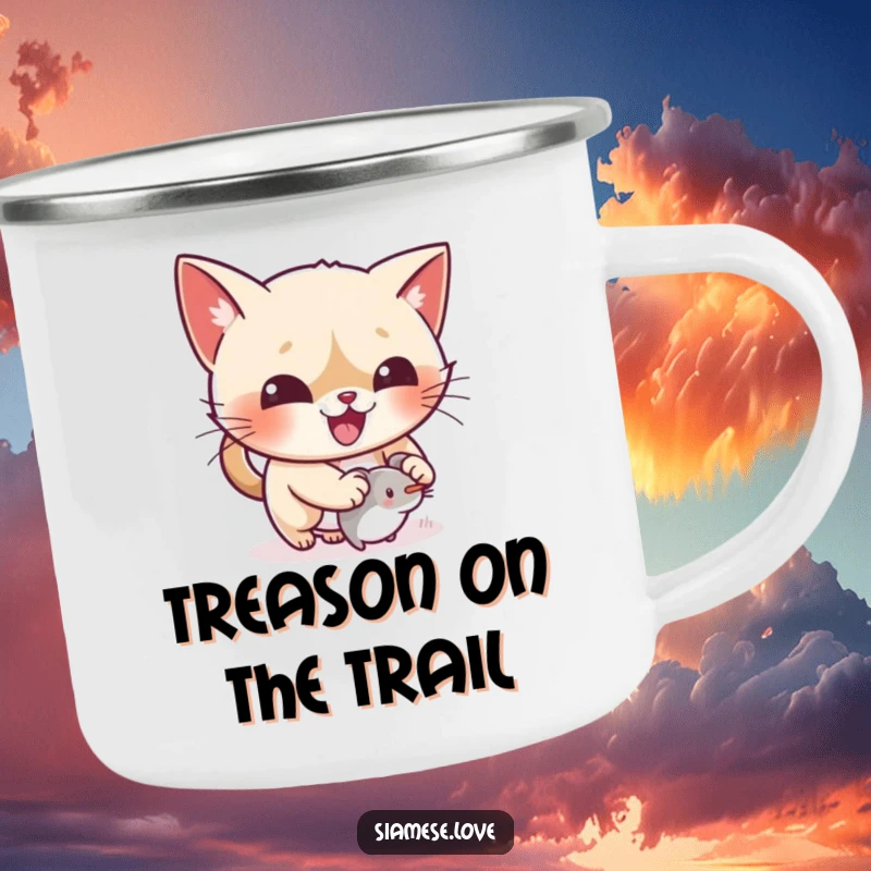 Funny kawaii Siamese cat pouncing on a toy on a camping mug, ready for playful escapades.