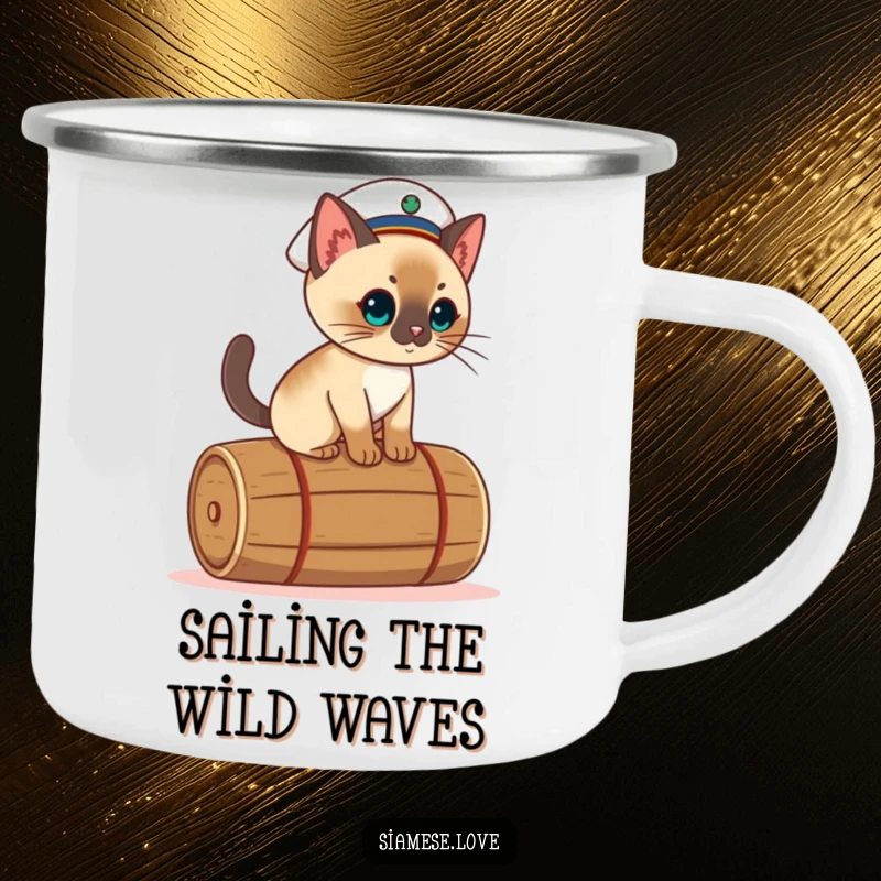 Funny kawaii Siamese cat camping mug, wearing a sailor hat and balancing on a rolling barrel.