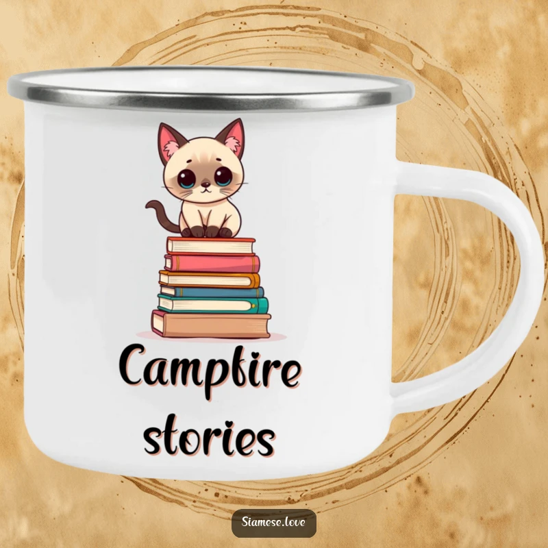 Funny Kawaii Siamese cat balancing precariously on a stack of books on a durable camping mug, ready for campfire stories.