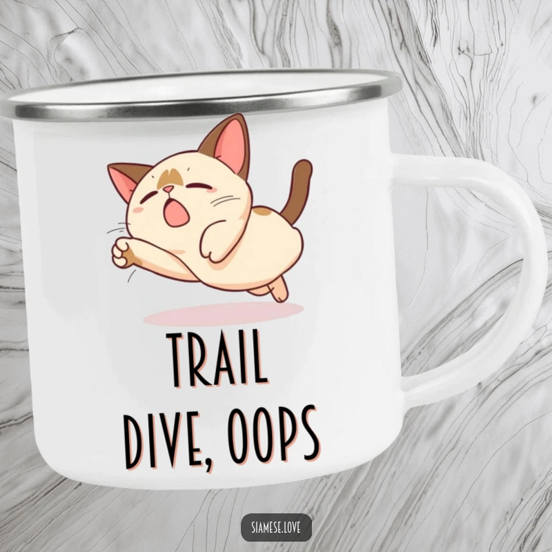 Funny Kawaii Siamese Cat Camping Mug: A cute cat character in a funny, exaggerated clumsy dive pose, great for outdoor humor.